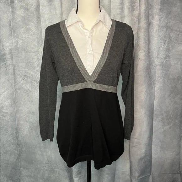 Motherhood Maternity Sweaters - Motherhood Maternity Grey, Black and White Faux Layered Sweater - size Medium